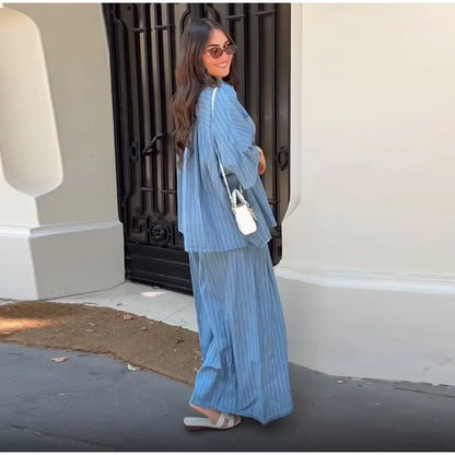 Casual Striped Shirt Wide Leg Pants Sets