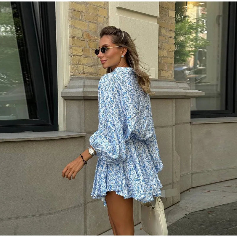 Long Sleeve Loose Ruffled  Short Dress