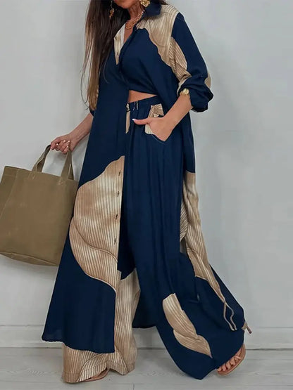 Loose Printed Long Sleeve Wide-leg Pants Outfit