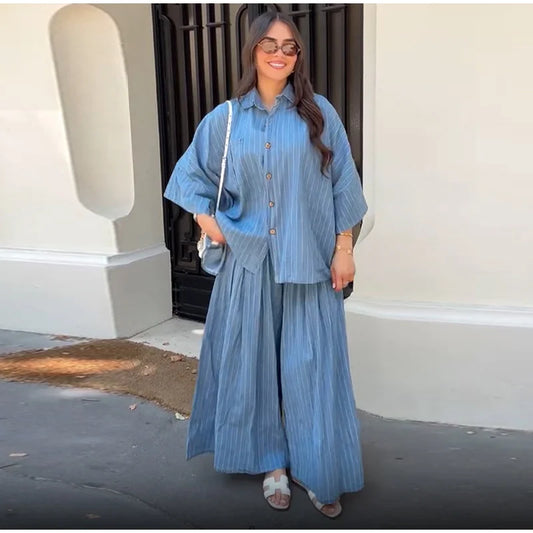 Casual Striped Shirt Wide Leg Pants Sets