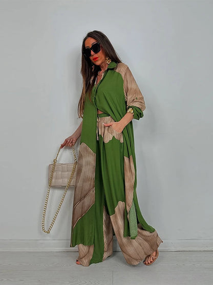 Loose Printed Long Sleeve Wide-leg Pants Outfit