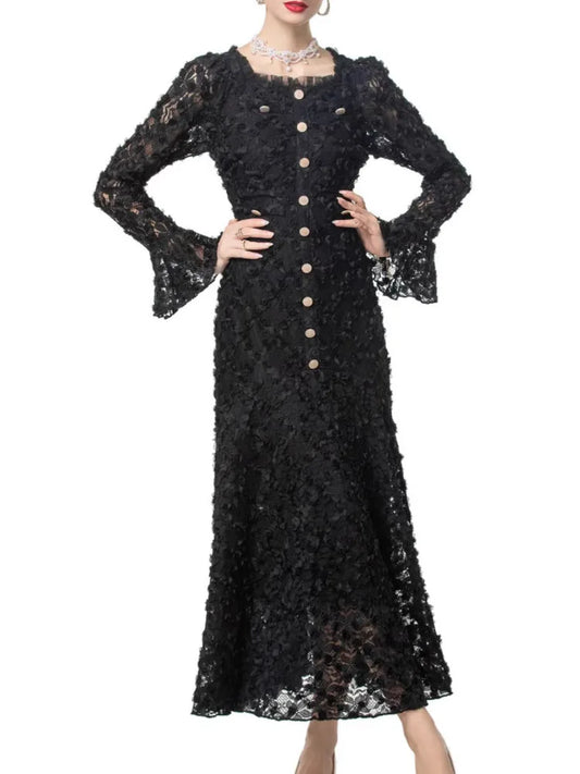 Black Lace Midi Dress Long Sleeve