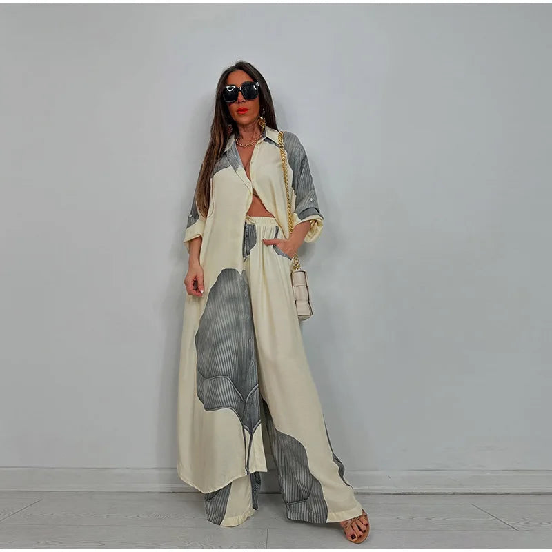 Loose Printed Long Sleeve Wide-leg Pants Outfit