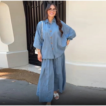 Casual Striped Shirt Wide Leg Pants Sets