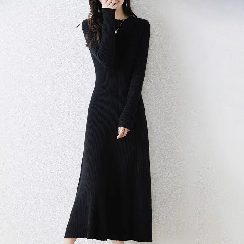 Winter/ Autumn Oneck Female Dresses 100% Wool Knitted Dress for Women 2023 New Arrival Long Style 6Colors Jumpers SY01