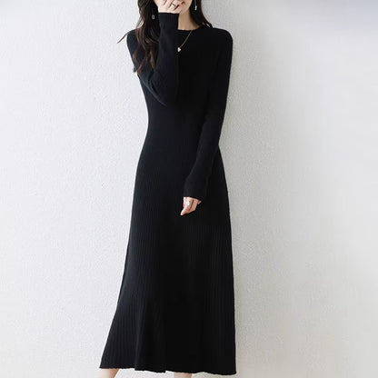Winter/ Autumn Oneck Female Dresses 100% Wool Knitted Dress for Women 2023 New Arrival Long Style 6Colors Jumpers SY01